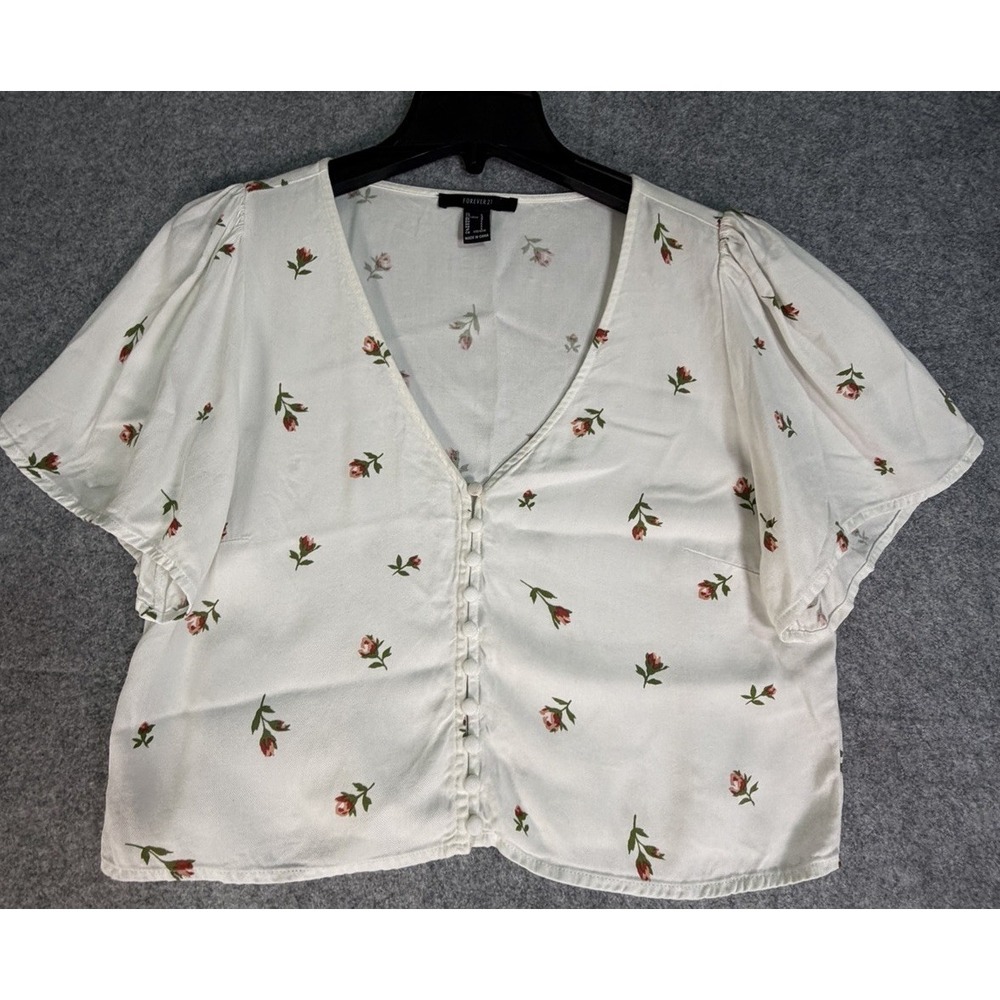 White With Red Floral Pattern Crop Top Button Down Y2K 90's